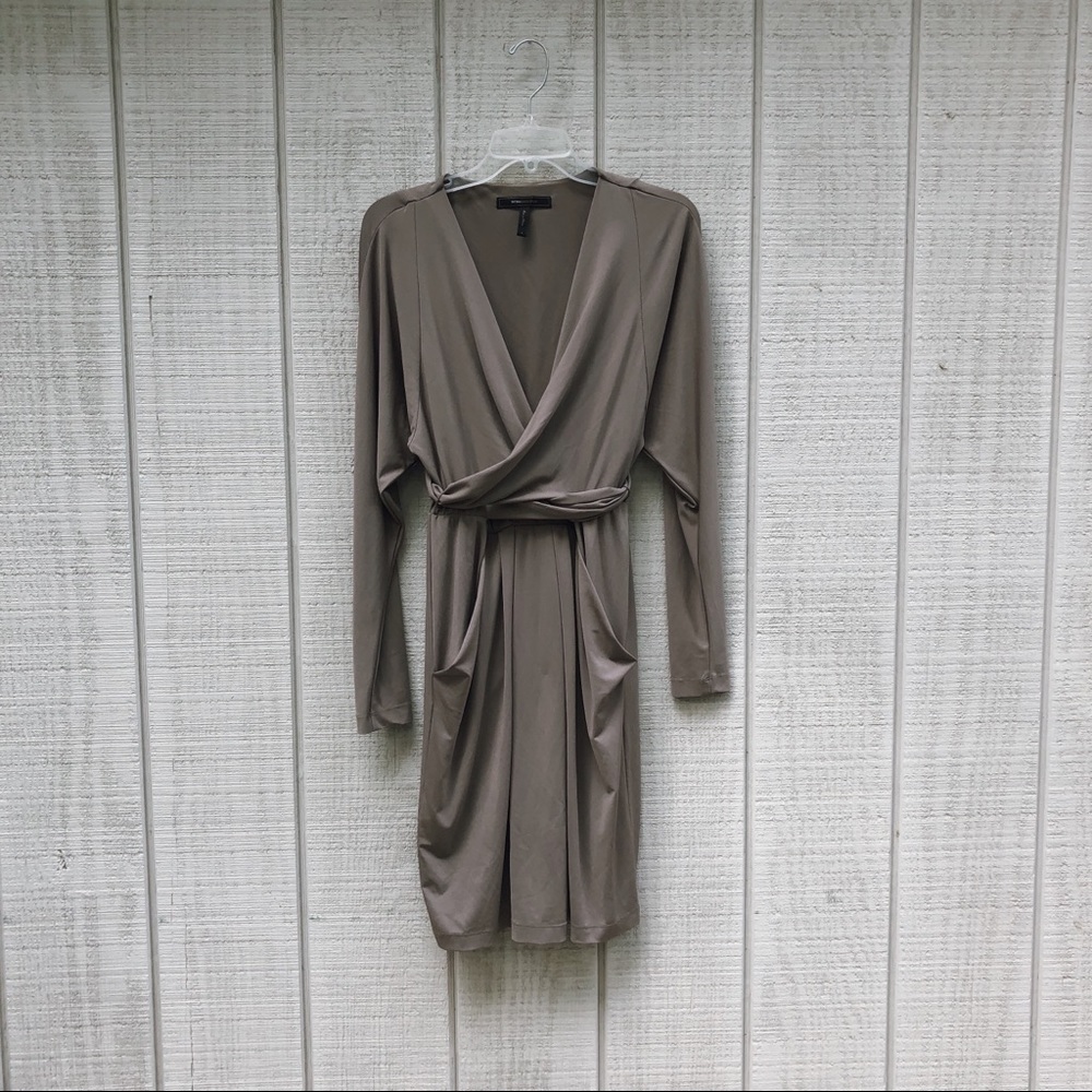 BCBGMaxAzria taupe sage wrap formal cocktail dress